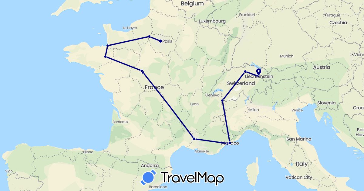 TravelMap itinerary: driving in Switzerland, France, Liechtenstein, Monaco (Europe)